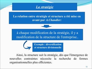  
Ainsi, la structure suit la stratégie, dés que l'émergence de
nouvelles contraintes nécessite la recherche de formes
organisationnelles plus efficientes.
La relation entre stratégie et structure a été mise en
avant par A.Chandler:
à chaque modification de la stratégie, il y a
modification de la structure de l'entreprise..
Exemple : diversification
et structure divisionnelle
13
La stratégie
 
