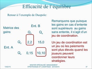 Efficacité de l’équilibre
Retour à l’exemple de Duopole:
Matrice des
gains
Ent. B
Qd Qe
Ent. A
Qd 2,2 15,0
Qe 0,15 10,10
Remarquons que puisque
les gains en cas d’entente
sont supérieurs au gains
sans entente, il s’agit d’un
jeu de coordination.
Un jeu de coordination est
un jeu où les paiements
sont plus élevés quand les
joueurs peuvent
coordonner leurs
stratégies.
13/02/15 37
MASTER SPÉCIALISÉ: MANAGEMENT
STRATÉGIQUE ET LOGISTIQUE -2014/2015
 