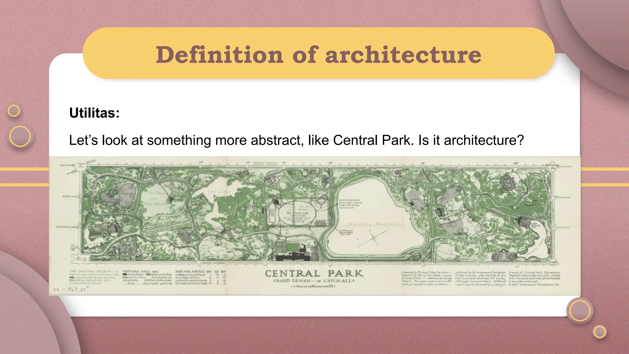 Definition of architecture
Utilitas:
Let’s look at something more abstract, like Central Park. Is it architecture?
 