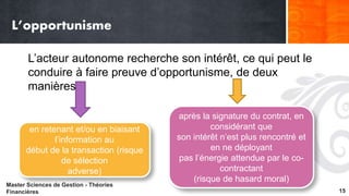 L’opportunisme 
L’acteur autonome recherche son intérêt, ce qui peut le 
conduire à faire preuve d’opportunisme, de deux 
manières : 
en retenant et/ou en biaisant 
l’information au 
début de la transaction (risque 
de sélection 
adverse) 
après la signature du contrat, en 
considérant que 
son intérêt n’est plus rencontré et 
en ne déployant 
pas l’énergie attendue par le co-contractant 
(risque de hasard moral) 
Master Sciences de Gestion - Théories 
Financières 15 
 