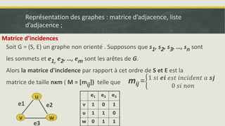 Représentation des graphes : matrice d’adjacence, liste
d’adjacence ;
Matrice d’incidences
Soit G = (S, E) un graphe non orienté . Supposons que s1, s2, s3, …, sn sont
les sommets et e1, e2, …, em sont les arêtes de G.
Alors la matrice d'incidence par rapport à cet ordre de S et E est la
matrice de taille nxm ( M = [mij]) telle que mij = 1 𝑠𝑖 𝒆𝒊 𝑒𝑠𝑡 𝑖𝑛𝑐𝑖𝑑𝑒𝑛𝑡 𝑎 𝒔𝒋
0 𝑠𝑖 𝑛𝑜𝑛
v w
u
e1
e3
e2
e1 e2 e3
v 1 0 1
u 1 1 0
w 0 1 1
 