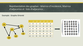 x1
x2
x6
x3
x4
x5
x1 x2 x3 x4 x5 x6
x1 0 1 0 0 0 0
x2 0 0 1 0 0 0
x3 0 0 0 0 0 0
x4 0 1 0 0 1 1
x5 0 0 0 0 0 0
x6 1 0 0 0 0 0
Exemple : Graphe Orienté
Représentation des graphes : Matrice d’incidence, Matrice
d’adjacence et liste d’adjacence ;
 