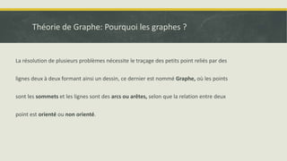 Théorie de Graphe: Pourquoi les graphes ?
La résolution de plusieurs problèmes nécessite le traçage des petits point reliés par des
lignes deux à deux formant ainsi un dessin, ce dernier est nommé Graphe, où les points
sont les sommets et les lignes sont des arcs ou arêtes, selon que la relation entre deux
point est orienté ou non orienté.
 