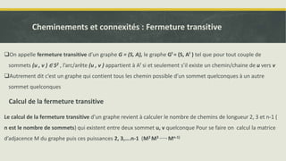 Cheminements et connexités : Fermeture transitive
On appelle fermeture transitive d’un graphe G = (S, A), le graphe Gf = (S, Af ) tel que pour tout couple de
sommets (u , v ) ∈ S2 , l’arc/arête (u , v ) appartient à Af si et seulement s’il existe un chemin/chaine de u vers v
Autrement dit c’est un graphe qui contient tous les chemin possible d’un sommet quelconques à un autre
sommet quelconques
Calcul de la fermeture transitive
Le calcul de la fermeture transitive d’un graphe revient à calculer le nombre de chemins de longueur 2, 3 et n-1 (
n est le nombre de sommets) qui existent entre deux sommet u, v quelconque Pour se faire on calcul la matrice
d’adjacence M du graphe puis ces puissances 2, 3,….n-1 (M2 M3 ……., Mn-1)
 