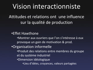 Vision interactionniste Attitudes et relations ont  une influence sur la qualité de production Effet Hawthone Montrer aux ouvriers que l’on s’intéresse à eux provoque un gain de motivation & prod. Organisation informelle Produit des relations entre membres du groupe et du système industriel Dimension idéologique Lieu d’idées, croyances, valeurs partagées 