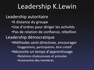 Leadership K.Lewin Leadership autoritaire À distance du groupe Use d’ordres pour diriger les activités Pas de relation de confiance, rébellion Leadership démocratique Méthodes semi-directives, encourager Suggestions, participation, être créatif Nécessite un temps d’apprentissage Relations chaleureuses et amicales Autonomie des membres 