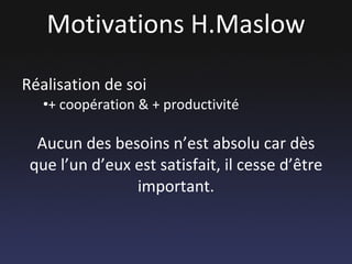 Motivations H.Maslow Réalisation de soi  + coopération & + productivité Aucun des besoins n’est absolu car dès que l’un d’eux est satisfait, il cesse d’être important. 