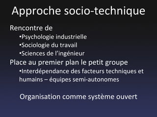 Approche socio-technique Rencontre de  Psychologie industrielle Sociologie du travail Sciences de l’ingénieur Place au premier plan le petit groupe Interdépendance des facteurs techniques et humains – équipes semi-autonomes Organisation comme système ouvert 