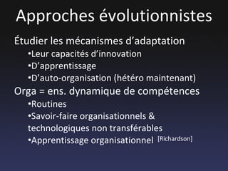 Approches évolutionnistes Étudier les mécanismes d’adaptation Leur capacités d’innovation D’apprentissage D’auto-organisation (hétéro maintenant) Orga = ens. dynamique de compétences Routines  Savoir-faire organisationnels & technologiques non transférables Apprentissage organisationnel [Richardson] 