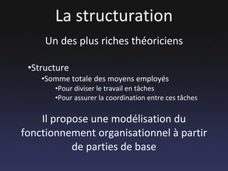 La structuration Un des plus riches théoriciens Structure Somme totale des moyens employés Pour diviser le travail en tâches Pour assurer la coordination entre ces tâches Il propose une modélisation du fonctionnement organisationnel à partir de parties de base 
