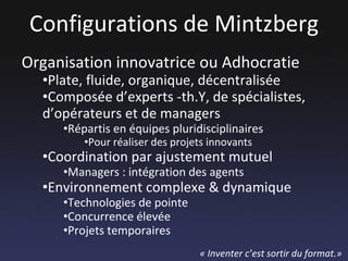 Configurations de Mintzberg Organisation innovatrice ou Adhocratie Plate, fluide, organique, décentralisée Composée d’experts -th.Y, de spécialistes, d’opérateurs et de managers Répartis en équipes pluridisciplinaires Pour réaliser des projets innovants Coordination par ajustement mutuel Managers : intégration des agents Environnement complexe & dynamique Technologies de pointe Concurrence élevée Projets temporaires « Inventer c’est sortir du format.» 