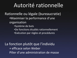 Autorité rationnelle Rationnelle ou légale (bureaucratie) Maximiser la performance d’une organisation Système de buts De fonctions étudiés rationnellement Exécution par règles et procédures La fonction plutôt que l’individu + efficace selon Weber Pilier d’une administration de masse 