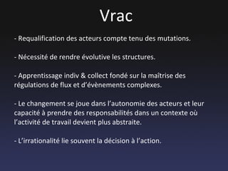 Vrac - Requalification des acteurs compte tenu des mutations. - Nécessité de rendre évolutive les structures. - Apprentissage indiv & collect fondé sur la maîtrise des régulations de flux et d’évènements complexes. - Le changement se joue dans l’autonomie des acteurs et leur capacité à prendre des responsabilités dans un contexte où l’activité de travail devient plus abstraite. - L’irrationalité lie souvent la décision à l’action. 