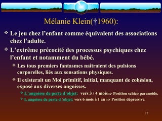 Mélanie Klein(†1960):
 Le jeu chez l’enfant comme équivalent des associations
  chez l’adulte.
 L’extrême précocité des processus psychiques chez
  l’enfant et notamment du bébé.
     Les tous premiers fantasmes naîtraient des pulsions
      corporelles, liés aux sensations physiques.
     Il existerait un Moi primitif, initial, manquant de cohésion,
      exposé aux diverses angoisses.
         L’angoisse    de perte d’objet: vers 3 / 4 mois⇒ Position schizo paranoïde.
           L angoisse de perte d ‘objet: vers 6 mois à 1 an ⇒ Position dépressive.


                                                                                  17
 