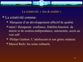 La créativité: « Jeu & réalité »
 La   créativité comme:
   Marqueur d’un développement affectif de qualité.
   mère// thérapeute: confiance, fiabilité,fonction de
    miroir et de soutien,indépendance, autonomie, accès au
    vrai self.
   Philipe Guitton: L’adolescent et son génie créateur.
   Marcel Rufo: les soins culturels.




                                                     25
 