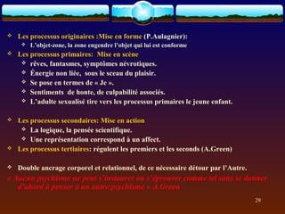    Les processus originaires :Mise en forme (P.Aulagnier):
        L’objet-zone, la zone engendre l’objet qui lui est conforme
   Les processus primaires: Mise en scène
      rêves, fantasmes, symptômes névrotiques.
      Énergie non liée, sous le sceau du plaisir.
      Se pose en termes de « Je ».
      Sentiments de honte, de culpabilité associés.
      L’adulte sexualisé tire vers les processus primaires le jeune enfant.


   Les processus secondaires: Mise en action
      La logique, la pensée scientifique.
      Une représentation correspond à un affect.
   Les processus tertiaires: régulent les premiers et les seconds (A.Green)

   Double ancrage corporel et relationnel, de ce nécessaire détour par l’Autre.
« Aucun psychisme ne peut s’instaurer ou s’éprouver comme tel sans se donner 
   d’abord à penser à un autre psychisme » A.Green
                                                                                   29
 