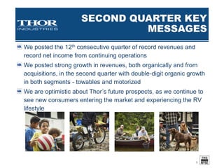 TRENDS DRIVING GROWTH:
DEMOGRAPHICS
5
MORE POTENTIAL RV BUYERS **
POPULATION: DRIVERS:
+159% 2X
SINCE 1970
YOUNGER CONSUMERS ARE
ATTRACTED TO THE RV
LIFESTYLE *
▪ +3.4 MILLION new households
have started camping since 2014
▪ Gen X and Millennials helping to
drive this growth – making up 72%
of campers in 2016
▪ Younger campers looking for
affordable recreation experiences
▪ Interested in trying different
accommodations, including RVs
INCREASING DIVERSITY
AMONG CAMPERS *
Latino, African American, Asian
and other ethnicities
represented 39% of new
campers in 2016; 26% of all
campers
RV camping viewed as an
attractive way to spend time
with families and friends
* Source: KOA 2017 North American Camping Report
** Source: RVIA, May 2017
 