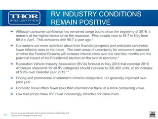 12
RV INDUSTRY CONDITIONS
REMAIN POSITIVE
Although consumer confidence has remained range bound since the beginning of 2016, it
remains at the highest levels since the recession. Final results rose to 94.7 in May from
89.0 in April. This compares with 90.7 a year ago.*
Consumers are more optimistic about their financial prospects and anticipate somewhat
lower inflation rates in the future. The main areas of uncertainty for consumers surround
whether the Federal Reserve will increase interest rates over the next few months and the
potential impact of the Presidential election on the overall economy.*
Recreation Vehicle Industry Association (RVIA) forecast in May 2016 that calendar 2016
wholesale shipments for all RV categories should increase to 396,400 units, or an increase
of 5.9% over calendar year 2015.**
Pricing and promotional environment remains competitive, but generally improved over
prior year.
Domestic travel offers fewer risks than international travel at a more compelling value.
Low fuel prices make RV travel increasingly attractive for consumers.
*Source: University of Michigan final Consumer Sentiment Index for May 2016
**Source: RVIA Roadsigns Summer 2016
 