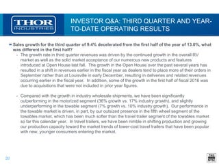 20
INVESTOR Q&A: THIRD QUARTER AND YEAR-
TO-DATE OPERATING RESULTS
Sales growth for the third quarter of 9.4% decelerated from the first half of the year of 13.0%, what
was different in the first half?
• The growth rate in third quarter revenues was driven by the continued growth in the overall RV
market as well as the solid market acceptance of our numerous new products and features
introduced at Open House last fall. The growth in the Open House over the past several years has
resulted in a shift in revenues earlier in the fiscal year as dealers tend to place more of their orders in
September rather than at Louisville in early December, resulting in deliveries and related revenues
occurring earlier in the fiscal year. In addition, some of the growth in the first half of fiscal 2016 was
due to acquisitions that were not included in prior year figures.
• Compared with the growth in industry wholesale shipments, we have been significantly
outperforming in the motorized segment (36% growth vs. 17% industry growth), and slightly
underperforming in the towable segment (7% growth vs. 10% industry growth). Our performance in
the towable market is driven, in part, by our outsized presence in the fifth wheel segment of the
towables market, which has been much softer than the travel trailer segment of the towables market
so far this calendar year. In travel trailers, we have been nimble in shifting production and growing
our production capacity toward the market trends of lower-cost travel trailers that have been popular
with new, younger consumers entering the market.
 