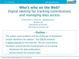 G. A. Thorisson                                                      www.gen2phen.org



                                 Who’s who on the Web?
            Digital identity for tracking contributions
                    and managing data access
                                      Gudmundur A. Thorisson <gt50@le.ac.uk>
                                                            Brookes lab
                                                    Department of Genetics
                                                  University of Leicester, UK


                                                            -- Outline --
   • The author name problem and the challenge of attribution
   • Unique identifiers for authors - the ORCID initiative
   • A digital identity on the Internet - IDs for researchers?
   • Introduce several identity-based projects in our group
          • Attribution for data publications
          • Access control for sensitive data

3rd Human Variome Project Meeting, Paris, 10-14 May, 2010                                    1
 