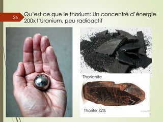 Qu’est ce que le thorium: Un concentré d’énergie
200x l’Uranium, peu radioactif
Thorite 12%
Thorianite
01/04/201
5
Guy Weets
26
 