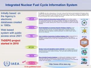 Integrated Nuclear Fuel Cycle Information System Initially based  on the Agency’s electronic databases created in 1980s Web based system with public access since 2001 ThDEPO project started in 2010   http://www-nfcis.iaea.org NFCIS UDEPO PIE NFCSS MADB ThDEPO New To be published soon! 