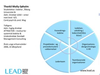Thorkil Molly-Søholm
Studielektor i ledelse , Ålborg
Universitet &
Adm. Direktør LEAD – enter
next level A/S.
Cand.psych &...
