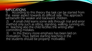 IMPLICATIONS
1) According to this theory the task can be started from
the easier aspect towards its difficult side. This approach
will benefit the weaker and backward children.
2) A small child learns some skills through trial and error
method only such as sitting, standing, walking, running etc.
In teaching also the child rectifies the writing after
committing mistakes.
3) In this theory more emphasis has been laid on
motivation. Thus, before starting teaching in the
the students should be properly motivated.
 