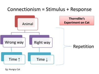 Connectionism = Stimulus + Response
Animal
Wrong way
Time ↑
Right way
Time ↓
Eg: Hungry Cat
Thorndike’s
Experiment on Cat
Repetition