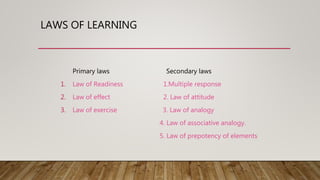 LAWS OF LEARNING
Primary laws Secondary laws
1. Law of Readiness 1.Multiple response
2. Law of effect 2. Law of attitude
3. Law of exercise 3. Law of analogy
4. Law of associative analogy.
5. Law of prepotency of elements
 