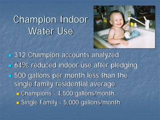 Champion Indoor
   Water Use

312 Champion accounts analyzed
64% reduced indoor use after pledging
500 gallons per month less than the
single family residential average
  Champions - 4,500 gallons/month
  Single Family - 5,000 gallons/month
 