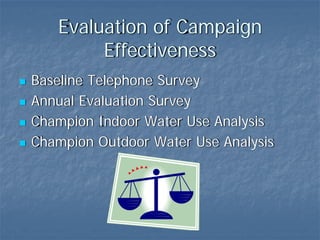 Evaluation of Campaign
        Effectiveness
Baseline Telephone Survey
Annual Evaluation Survey
Champion Indoor Water Use Analysis
Champion Outdoor Water Use Analysis
 