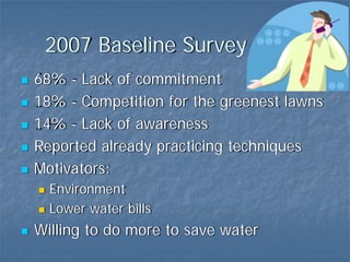 2007 Baseline Survey
68% - Lack of commitment
18% - Competition for the greenest lawns
14% - Lack of awareness
Reported already practicing techniques
Motivators:
  Environment
  Lower water bills
Willing to do more to save water
 