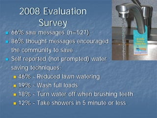 2008 Evaluation
      Survey
66% saw messages (n=527)
86% thought messages encouraged
the community to save
Self reported (not prompted) water
saving techniques:
  46% - Reduced lawn watering
  19% - Wash full loads
  18% - Turn water off when brushing teeth
  12% - Take showers in 5 minute or less
 