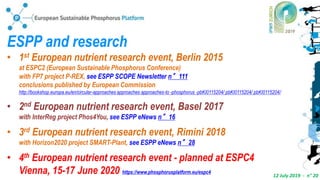 12 July 2019 - n° 20
ESPP and research
• 1st European nutrient research event, Berlin 2015
at ESPC2 (European Sustainable Phosphorus Conference)
with FP7 project P-REX, see ESPP SCOPE Newsletter n°111
conclusions published by European Commission
http://bookshop.europa.eu/en/circular-approaches approaches approaches-to -phosphorus -pbKI0115204/ pbKI0115204/ pbKI0115204/
• 2nd European nutrient research event, Basel 2017
with InterReg project Phos4You, see ESPP eNews n°16
• 3rd European nutrient research event, Rimini 2018
with Horizon2020 project SMART-Plant, see ESPP eNews n°28
• 4th European nutrient research event - planned at ESPC4
Vienna, 15-17 June 2020 https://www.phosphorusplatform.eu/espc4
 
