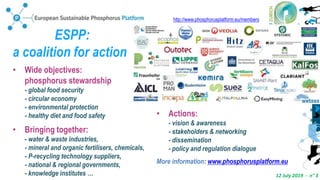 12 July 2019 - n° 3
ESPP:
a coalition for action
• Wide objectives:
phosphorus stewardship
- global food security
- circular economy
- environmental protection
- healthy diet and food safety
• Bringing together:
- water & waste industries,
- mineral and organic fertilisers, chemicals,
- P-recycling technology suppliers,
- national & regional governments,
- knowledge institutes …
• Actions:
- vision & awareness
- stakeholders & networking
- dissemination
- policy and regulation dialogue
More information: www.phosphorusplatform.eu
http://www.phosphorusplatform.eu/members
 