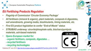12 July 2019 - n° 9
EU Fertilising Products Regulation
• Flagship of Commission ‘Circular Economy Package’
• All fertilisers (mineral & organic), plant materials, composts & digestates,
soil amendments, growing media, biostimulants, liming materials, etc.
• First EU product legislation to confer “End-of-Waste” status
• STRUBIAS underway: struvite/phosphate salts, biochars/pyrolysis
materials, ash-based materials
• Opens European market for:
- organic fertilisers, composts, digestates …
- recycled fertilisers
- recycling technologies
Published 25th June 2019: https://eur-lex.europa.eu/legal-content/EN/TXT/?uri=OJ:L:2019:170:TOC
 