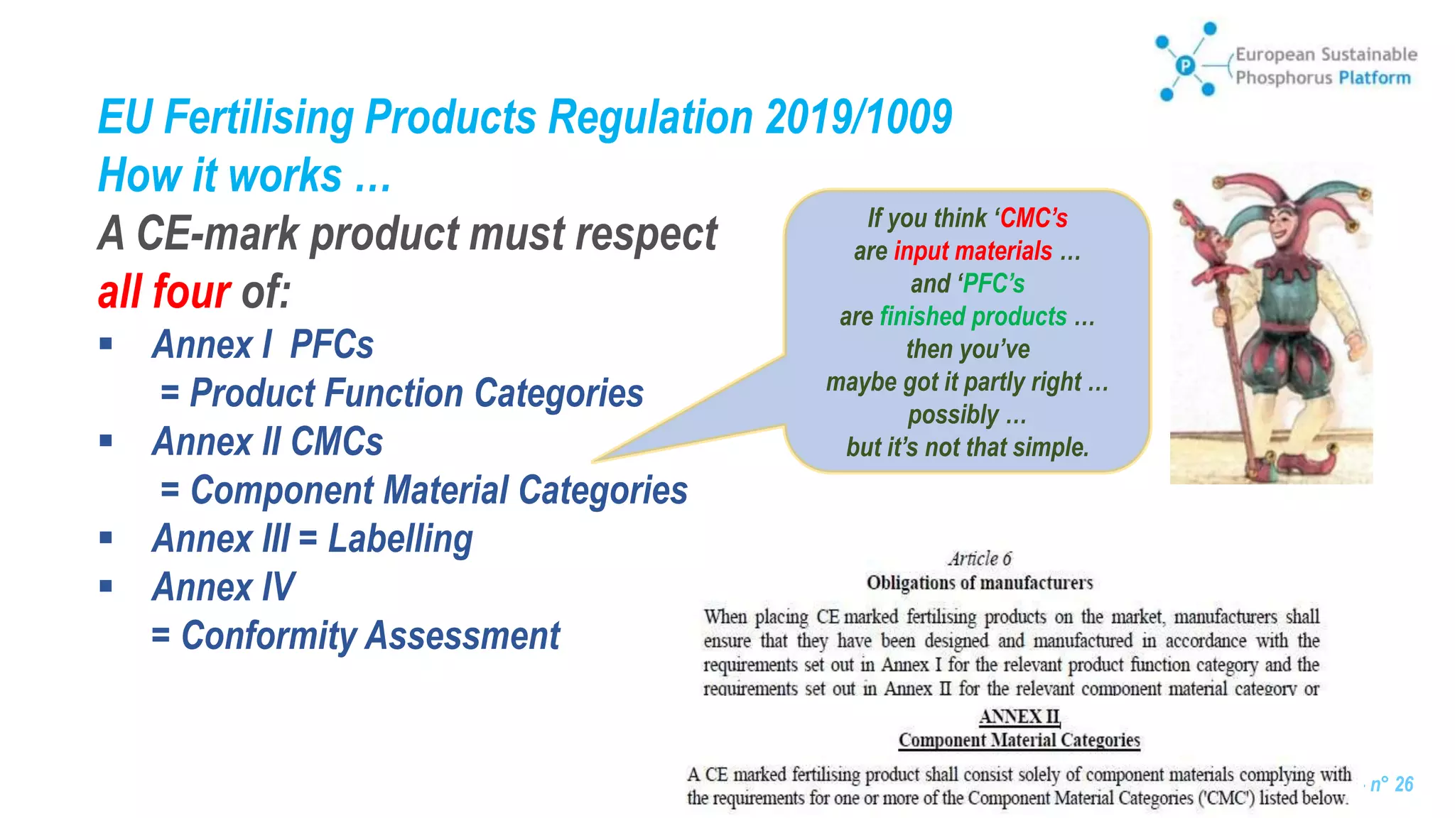 RAMIRAN, Clare College, Cambridge, September 2023 – n° 26
EU Fertilising Products Regulation 2019/1009
How it works …
A CE-mark product must respect
all four of:
 Annex I PFCs
= Product Function Categories
 Annex II CMCs
= Component Material Categories
 Annex III = Labelling
 Annex IV
= Conformity Assessment
If you think ‘CMC’s
are input materials …
and ‘PFC’s
are finished products …
then you’ve
maybe got it partly right …
possibly …
but it’s not that simple.
 