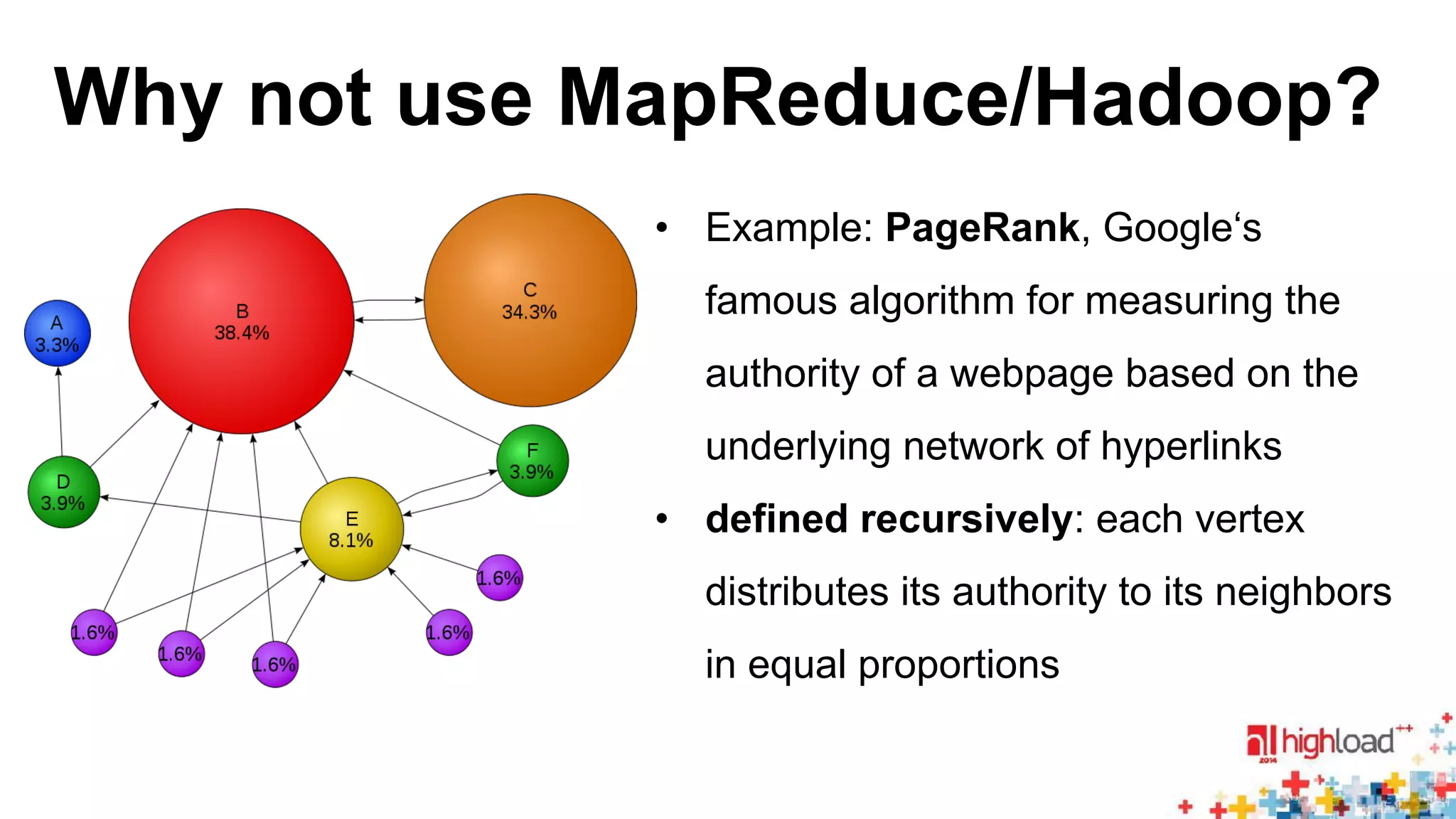 Why not use MapReduce/Hadoop? 
• Example: PageRank, Google‘s 
famous algorithm for measuring the 
authority of a webpage based on the 
underlying network of hyperlinks 
• defined recursively: each vertex 
distributes its authority to its neighbors 
in equal proportions 
 