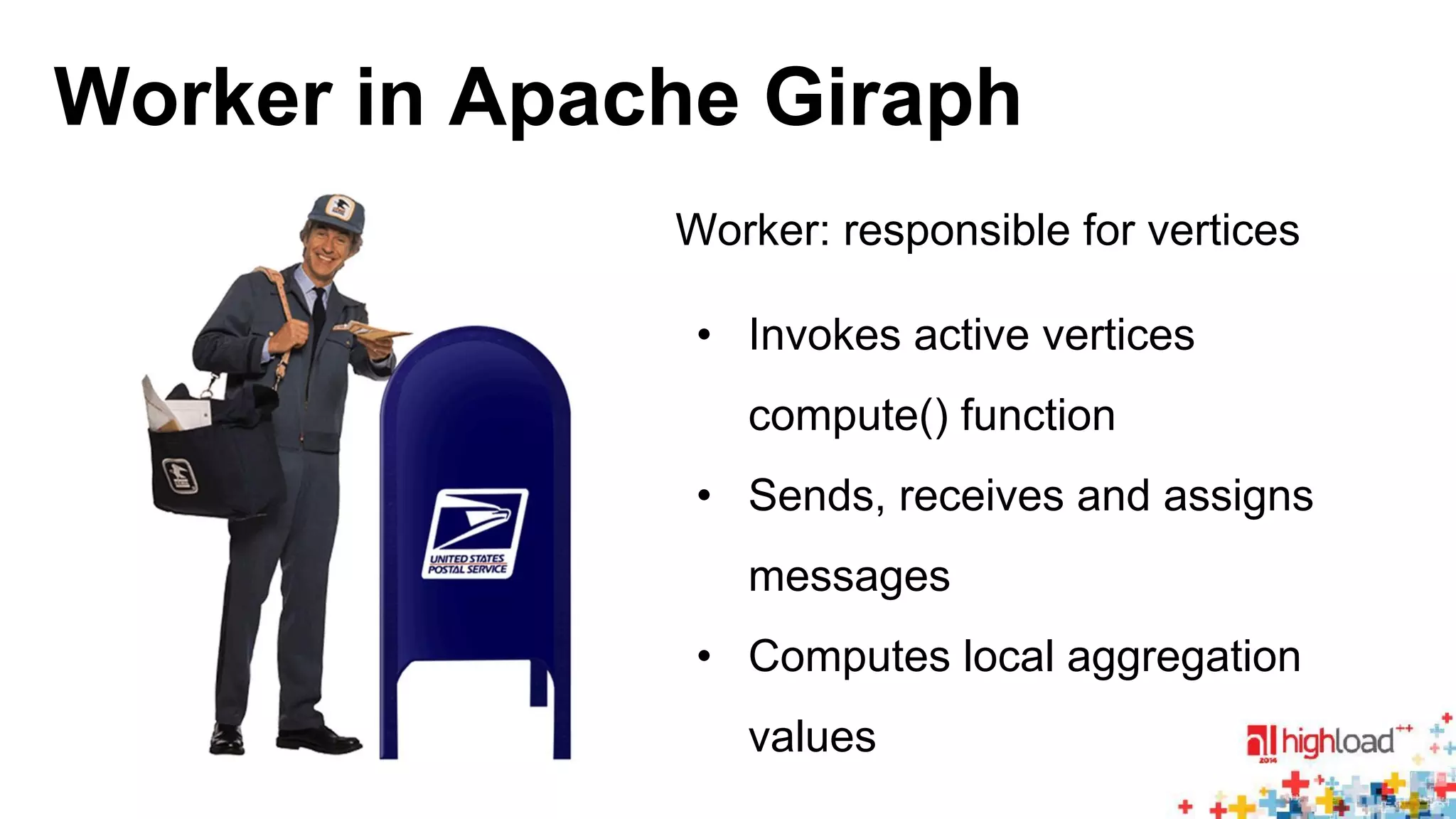 Worker in Apache Giraph 
Worker: responsible for vertices 
• Invokes active vertices 
compute() function 
• Sends, receives and assigns 
messages 
• Computes local aggregation 
values 
 