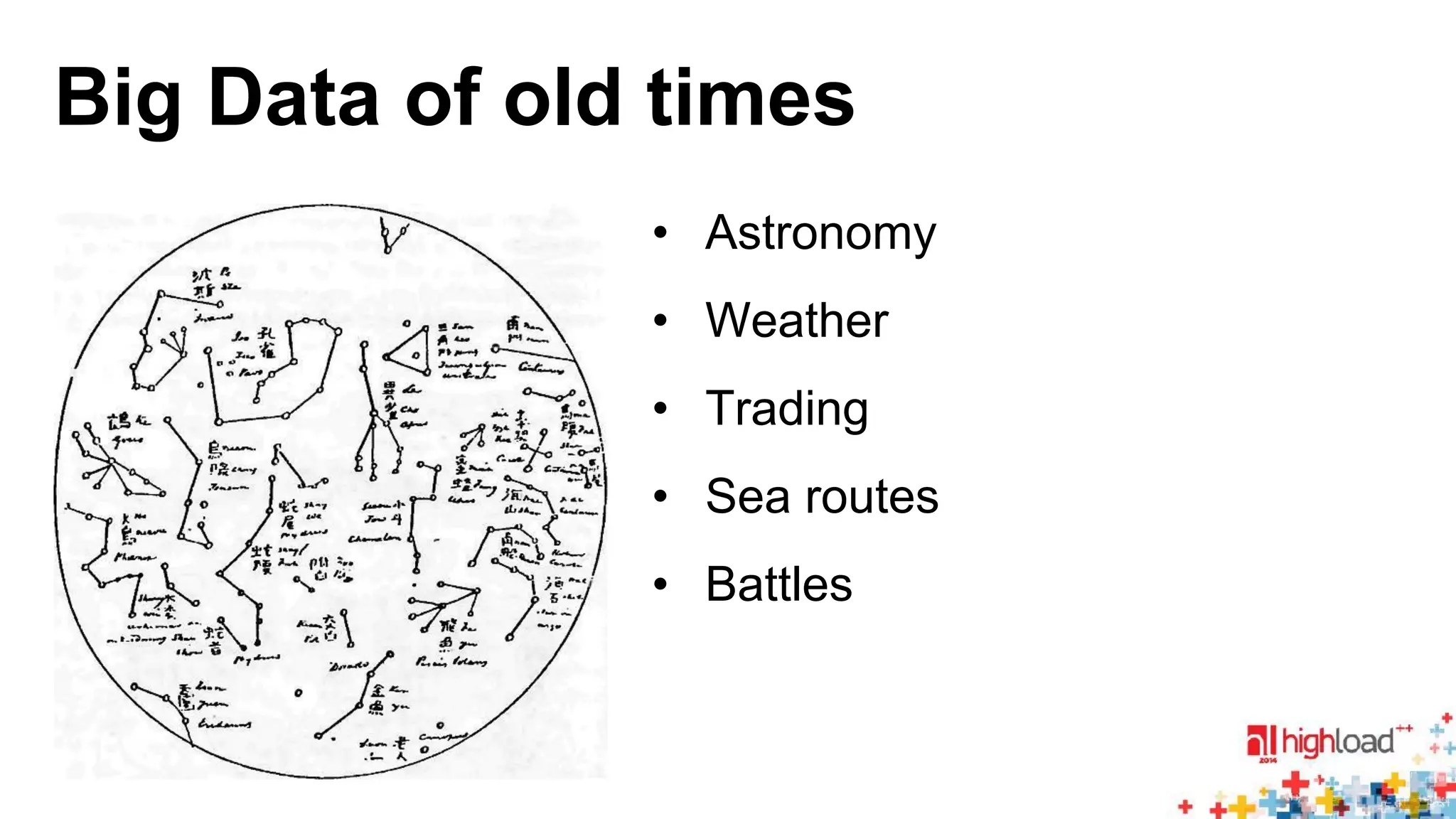 Big Data of old times 
• Astronomy 
• Weather 
• Trading 
• Sea routes 
• Battles 
 