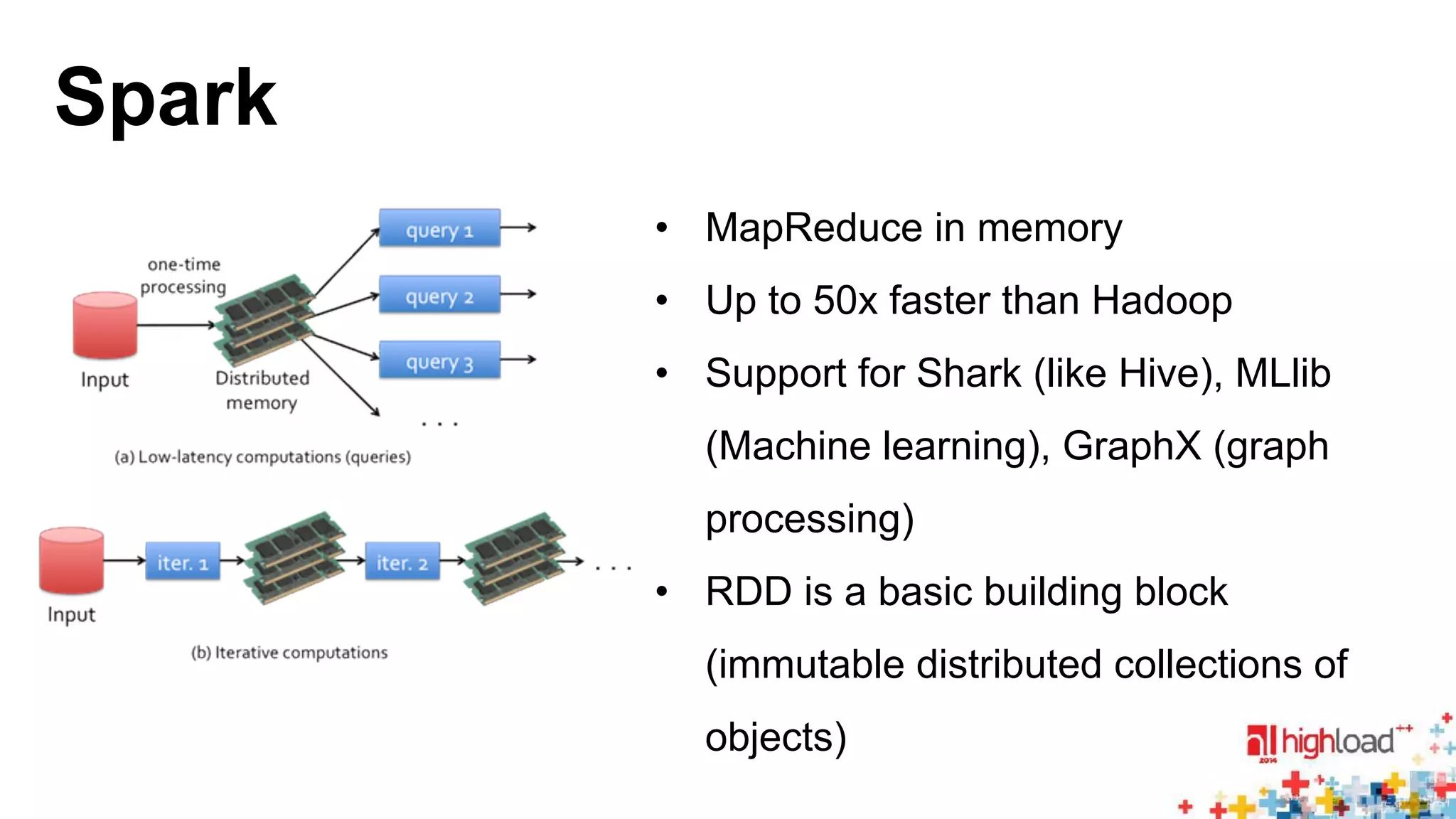 Spark 
• MapReduce in memory 
• Up to 50x faster than Hadoop 
• Support for Shark (like Hive), MLlib 
(Machine learning), GraphX (graph 
processing) 
• RDD is a basic building block 
(immutable distributed collections of 
objects) 
 