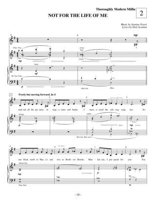 —10—
                                                                                                                  Thoroughly Modern Millie
                                                   NOT FOR THE LIFE OF ME                                                                                                     2
                                                                                                                                                   Music by Jeanine Tesori
                                                                                                                                                    Lyrics by Dick Scanlan


 #                                                                                                                                                                   P
& 4                                                                                      Ó                                       Œ                    ‰
A                                                                                 B


   4                                                                                                                                                                   j
                                                                                                                                                                     #œ
                                 œ                  œ
       #    p œ                                                       Œ
                                                                                                                                                                      I

           4 œ˙
      Flute, Vlns                                                                      (Clar)


&          4 ˙                   œ                 bœ
                                                    œ                                  n œ˙                       œ            b˙
                                                                                                                                ˙
                                                                                       Solo

                                                    œ                                     ˙                                     ˙
                                                                      Œ
             P
           Clars
                                                                                      (Vlns)


 #4                                                œ                                                                       ggg # b ˙
& 4 Œ                                                                 Œ                  Ó                                         ˙
                                Harp


                                œ                                                                                            ggg ˙
                                F
                    ˙                              œ                                     Œ                    œ                  ˙
?# 4
    Bs Clar, Cello

                                                                                         ˙
   4                                                                  Œ                                                          ˙
                    p                                                                                                           +Bass
                                                                                        +Bari Sax




       #
1            Freely but moving forward, In 4

&                      j                                                               ‰ j                                                                                    ‰ j
                  œ œ œ œ # œj œ œ œ œ œ
                                                   2                                               3                                                   4



                                                                                                          œ œ œ œ nœ œ œ
                                                                                                                                          3


              œ œ                                                                       #œ                                                                      ˙.             #œ
             stud - ied all the pic - tures   in        mag - a - zines and books.             I        mem - o - rized the      sub - way map,             too.               It's

       # w                                              nw                                                             œ         œ            nœ
&        ˙                      b˙                       ˙                 b˙                             œ                      ˙                          bw
                                                                                                   +WWs

                                                                                                                                                             ˙
             Strings

         ˙   ˙                   ˙                       ˙
                                                         ˙                  ˙                             ˙                                                               ˙
                                 ˙                                          ˙
             p                                                                                                                                               P
                                                                                                          ˙                     ˙                             w
                                                                                                                                               poco


?#                                                                                                        ˙                    n˙                            nw
                                                                                                                                                            b ˙ n˙
                                                                                                          ˙                     ˙
                                                                                 Bari Sax, Bass arco




       #                         j                              j
                            œ œ œ œ œj                       œ œ œ bœ                              ‰ œj n œ œ                                                        Œ ‰ j
5                                                        6        3

&             œ œ                                                                      œ
                                                                                                              7                                        8


                                                                                                              œ œ œ œ                                       ˙           #œ
       #
             one block north to Mac - y's and                two to Broth - ers Brooks.                Man - hat - tan, I pre - pared for                  you.               You


&                                                            n˙                                                                        nb ˙                nn w b œ œ
             Muted Tpts

            w
            w                                                 ˙                       b˙
                                                                                       ˙                           ˙
                                                                                                                   ˙                      ˙                   ˙
                                                                                                                                                              w
            P                                                                                                     p
                                                             bw                                                   nw
?#          w                                                                                                                                               ˙        ˙
                                                                                                                                                            Hn

            w                                                bw                                                    w
             Tbns, Bass                                                                                                                                     w

                                                                                - 10 -
 