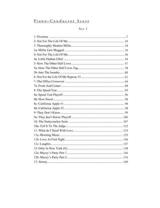 Piano–Conductor Score
                                                     Act 1

1–Overture ...............................................................................................1
2–Not For The Life Of Me........................................................................... 10
3–Thoroughly Modern Millie ...................................................................... 18
3a–Millie Gets Mugged................................................................................ 34
4–Not For The Life Of Me........................................................................... 36
4a–Little Orphan Ethel ................................................................................. 46
5–How The Other Half Lives ...................................................................... 47
5a–How The Other Half Lives Tag ............................................................. 58
5b–Into The laundry ..................................................................................... 60
6–Not For the Life Of Me Reprise #1 ......................................................... 61
7–The Office Crossover ............................................................................... 64
7a–Front And Center .................................................................................... 68
8–The Speed Test ......................................................................................... 69
8a–Speed Test Playoff.................................................................................. 96
8b–How Sweet .............................................................................................. 98
8c–California Apple #1 ................................................................................ 98
8d–California Apple #2................................................................................ 98
9–They Don’t Know..................................................................................... 99
9a–They don’t Know Playoff..................................................................... 106
10–The Nuttycracker Suite ........................................................................ 107
10a–Tell It To The Judge ........................................................................... 122
11–What do I Need With Love.................................................................. 123
11a–Morning Music ................................................................................... 135
11b–Love At First Sight............................................................................. 136
11c–Laughin................................................................................................ 137
12–Only In New York (G) ......................................................................... 138
12a–Muzzy’s Party Part 1 .......................................................................... 146
12b–Muzzy’s Party Part 2.......................................................................... 154
13–Jimmy.................................................................................................... 160
 