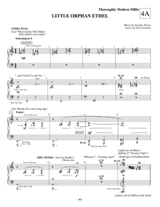 —46—
                                                                                                                           Thoroughly Modern Millie
                                                                  LITTLE ORPHAN ETHEL                                                                                               4A
                                                                                                                                                                 Music by Jeanine Tesori
    ETHEL PEAS:                                                                                                                                                   Lyrics by Dick Scanlan
    Cue:"What family? My Father
         died when I was a baby."
         Scheming in 4



                                                                                 ggg # ˙                                                                                ggg n # ˙
                   CELESTE


&4             ggg # b ˙
                       ˙              ggg # n ˙                   ggg # ˙              ˙                  ggg# n ˙
                                                                                                                 ˙        ggg n # ˙                  ggg # b ˙
                                                                                                                                                             ˙                  ˙
                                                                                                                                                                                ˙
                                                                                   g ˙                                            ˙
                              +Strs sul pont trem


 4                                            ˙                         ˙                                   g ˙
1                                                            2                                       3                                        4



                 g ˙                    g ˙                         g ˙
                                                                                                                                  ˙                    g ˙                g
                    P
?4
 4

         "...just Uncle Cy and me..."                                                                                                                PLAY
                                                                                                                                                           U                  U
& Ó                                                               Ó                                       Ó
5                                                       6                                        7                                             8                                    (to Piano)

                                                                                                                                                                      ggg n b # ˙
                                          Harp



   #ww
                                          ˙
                                                                 #w
                                                                  w
                                                                                     ˙                   bw
                                                                                                          w
                                                                                                                                #˙                      ggg# ˙
                                                                                                                                                             ˙
                                                                                                                                                             ˙                  ˙
                                                                                                                                                                                ˙
    P
                                                                                                                                                         U                  U
 Clars, Cello trem                                                                                                                                       +Vlns


? œ.                                      ˙
                                                                 .
                                                                 œ                   ˙
                                                                                                          .
                                                                                                         #œ                       ˙                      Ó                  Ó
                  œ                                                         œ                                        #œ
                                                                                                                      .
Bass Clar, Bass   .                                                         .
 Cue:"Ready for a nice long nap."
9   Faster

&         Œ                                                       Œ
                         Clars, Cello trem                  10                                           11                                        12



                                    bœ              œ                               œ        œ                 w                                            w
                      œ
                      œ             bœ              œ                       #œ
                                                                             œ     nœ        œ                 w                                           bw
                     F
              no vibr.



                                                                                                              F
?
                                                                                           PIANO


          w                                                       w                                            ˙                ˙                          #˙                 ˙
                                                                                                                                ˙                          #˙                 ˙
          w                                                       w                                            ˙ +Bs Clar, Bass trem
                   Tbn, Harp,

          >                                                       >
                   Bass, Timp                                                                    PLAY


                                                                                                                                                        [sight cue on Meer's
                                                                                                                                                        pulling of "Vacancy Sign"]


                                                                                                                                                          bU
                                                                                                         "Meersie?" "Coming, dear!"                      (think Igor in Frankenstein)

                                                                                                                                                          bw
                                              MRS. MEERS: "Atta boy Buddha."

                                                                                            U                               U                              w
                                                                                                                                                           w                   U
                                                                  (Music out)                                        G.P.         PLAY

&                                                                                                                                                                             nw
                                                                                                                                                                              nw
          Œ                                                       Œ
    13               Clars, Cello trem                      14                                           15
                                                                                                                                                   16


                                      œ                                             œ       #œ                                                                                 w
                         #œ
                          œ          nœ           œ
                                                  œ                         #œ
                                                                             œ     nœ      #-œ                                                            ç
                                                  -                                         f                                                             U
?                                                                U                                                          U                              æ
                                                                                                                           G.P.
                                                                                                                                                           w
          w                                                      w                                                                                      nb w
                                                                                                                                                           w
                                                                                                                                                         bw
          w Harp, Bass, Timp
          >                                                      w
                                                                 >                                                                     Tbns, Cello, Bass w
                                                                                                                                                        ç
                                                                                                                                                   [music out on Millie at the door]
                                                                                            - 46 -
 
