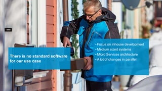 There is no standard software
for our use case
• Focus on inhouse development
• Medium sized systems
• Micro Services architecture
• A lot of changes in parallel
 