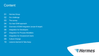 Content
01 Hermes Group
02 Our challenge
03 The survey
04 Our lean EAM approach
05 Overview of EAM Integration (scope & target)
06 Integration for Developers
07 Integration for Process Modellers
08 Integration for Occassional Users
09 Culture Change
10 Lessons learned & Take Away
 