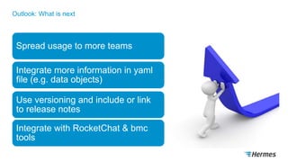 Outlook: What is next
Spread usage to more teams
Integrate more information in yaml
file (e.g. data objects)
Use versioning and include or link
to release notes
Integrate with RocketChat & bmc
tools
 