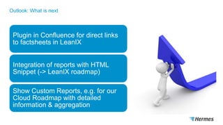 Outlook: What is next
Plugin in Confluence for direct links
to factsheets in LeanIX
Integration of reports with HTML
Snippet (-> LeanIX roadmap)
Show Custom Reports, e.g. for our
Cloud Roadmap with detailed
information & aggregation
 