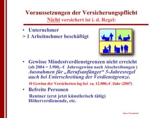Voraussetzungen der Versicherungspflicht
            Nicht versichert ist i. d. Regel:
• Unternehmer
> 1 Arbeitnehmer beschäftigt



• Gewisse Mindestverdienstgrenzen nicht erreicht
  (ab 2004 = 3.900,- € Jahresgewinn nach Abschreibungen )
  Ausnahmen für „Berufsanfänger“ 5-Jahresregel
  auch bei Unterschreitung der Verdienstgrenze.
  Ø Gewinn der Versicherten lag bei ca. 12.000,-€ /Jahr (2007)
• Befreite Personen
  Rentner (erst jetzt künstlerisch tätig)
  Höherverdienende, etc.

                                                        Klaus Thorwesten
 